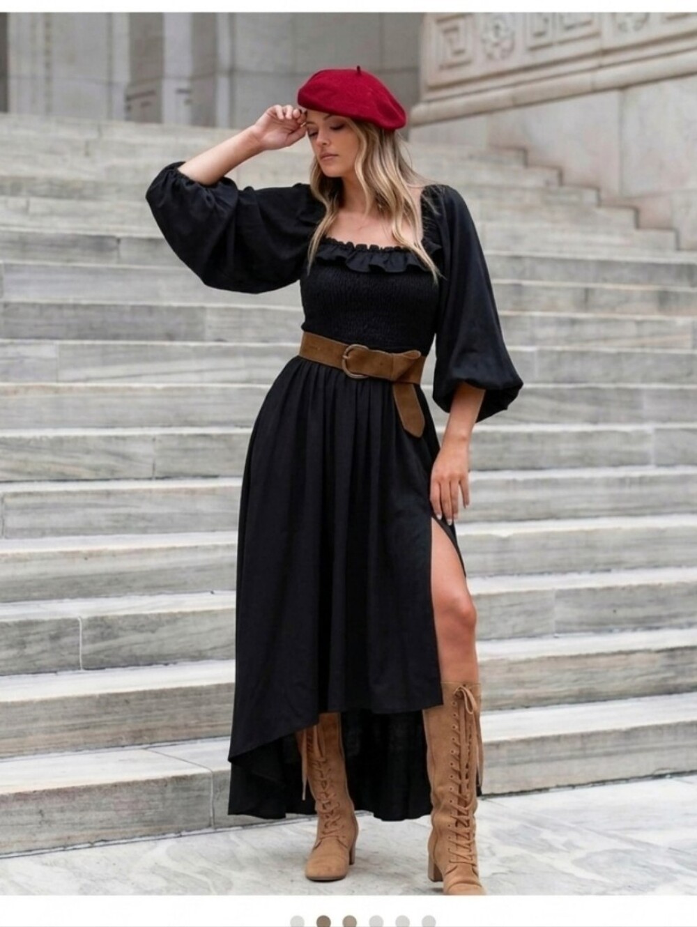 Joyfolie Black Long Sleeve Smocked Midi Dress with Tie